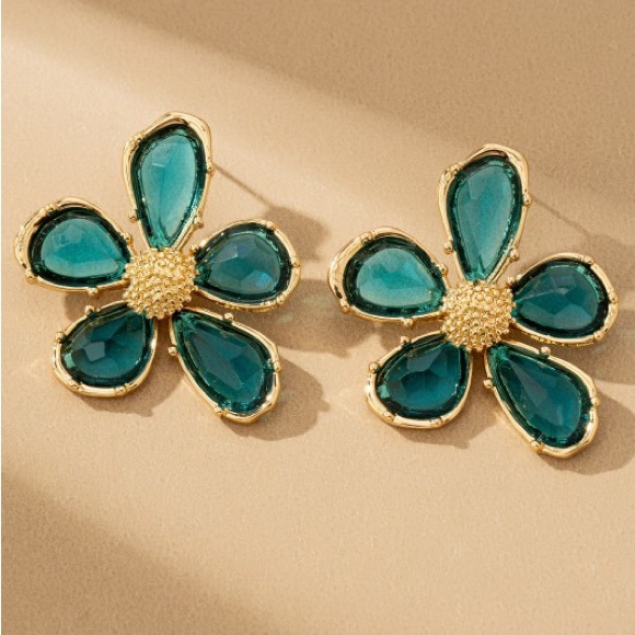 Ocean Blue Petal Crystal Earrings - Picture 2 of 4